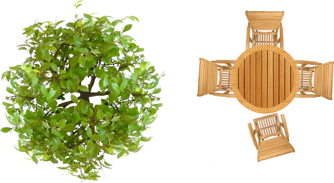 Garden furniture Landscape architecture Landscape design, tree top view, round brown wooden table with four chair 5-piece dinette set and green leaf tree illustration, furniture, grass, interior Design Services png